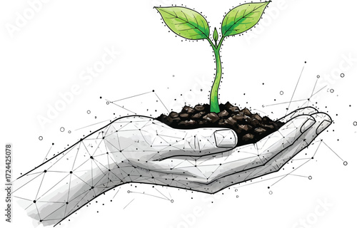 Foster new ideas with a digital hand holding a vibrant seedling, symbolizing growth, innovation, and sustainable solutions for a bright future ahead