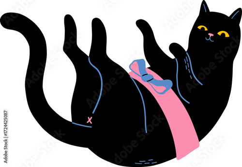 Black cat on back with pink ribbon and blue bow