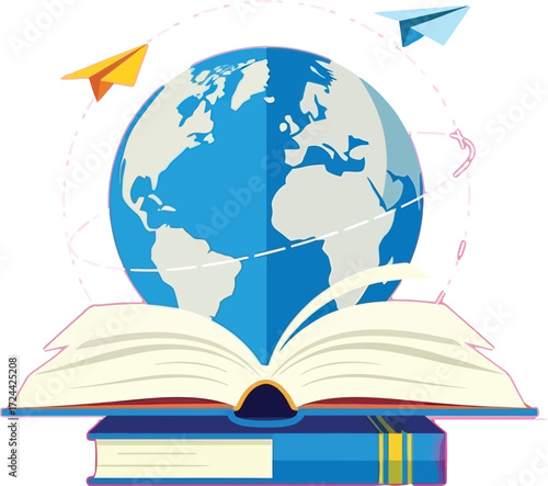 Inspiring global education with book and paper planes circling earth, symbolizing travel and knowledge for bright, modern learning initiatives worldwide