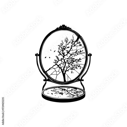 Broken mirror reflection of tree branches black and white vector art illustration design for prints and decor