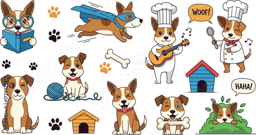 Cartoon dogs in various activities including reading, cooking, and playing with a bone on a light background