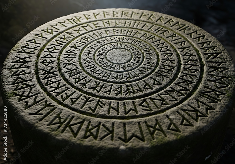 Fototapeta premium Ancient rune stone with circular inscriptions evoking historical mysticism and forgotten knowledge