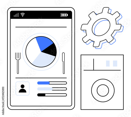 Tablet screen with pie chart meal analysis, user profile, and progress bars next to gear and washing machine. Ideal for meal tracking, diet planning, app development, data visualization, user