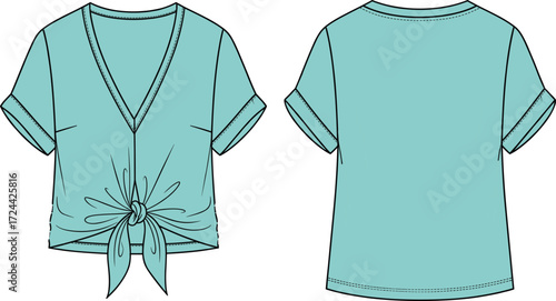 a women's mint green short-sleeve crop top with a front tie-waist detail and cuffed sleeves, a stylish design.