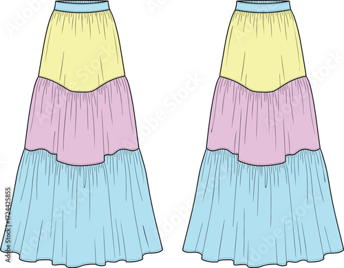 a women's multicolored tiered maxi skirt, a flowing, high-waisted design for a fashionable and bohemian look.