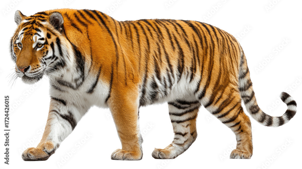 Obraz premium Majestic Tiger Stroll: A solitary tiger strides with regal confidence. The image captures the raw beauty and power of a magnificent creature in its natural state.