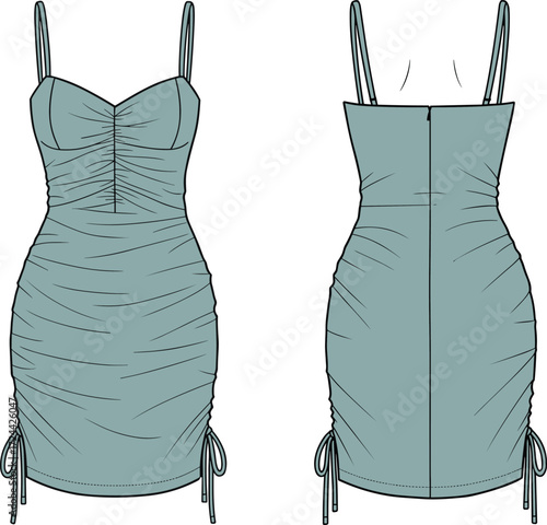  a women's ruched mini dress with a drawstring skirt and adjustable spaghetti straps, a fashionable party garment.