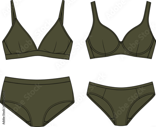  a women's olive green bra and panty set, including a bralette and bikini brief, for intimate apparel design.