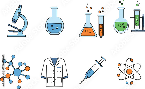 Chemical lab research science vector icons for medical illustration. Experiment, biology, chemistry, laboratory equipment elements set on white background.