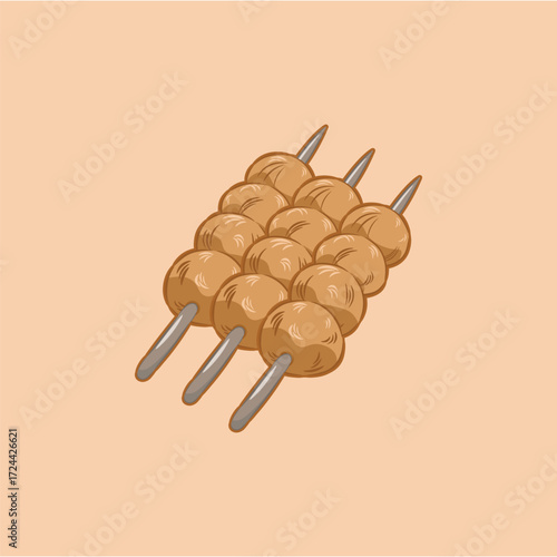 Illustration of meatballs on skewers, and grilled meatballs, processed meat, fast food with gravy