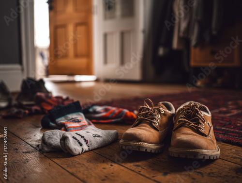 Brown shoes placed on wooden floor next to colorful socks scattered around, creating a cozy and lived-in atmosphere within a home environment.