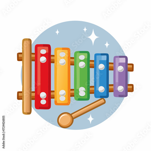 Colorful Wooden Xylophone Toy with Mallet on Light Blue Background