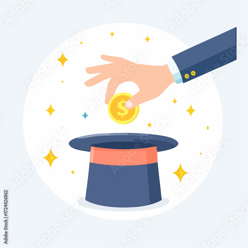 Hand Placing Gold Coin Into Top Hat Magic Trick Illustration