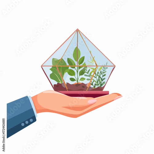 Hand Holding Geometric Glass Terrarium with Plants