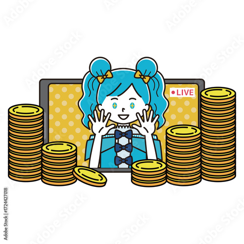 ライブ配信をする女性アイドルと山積みのコインのイラスト