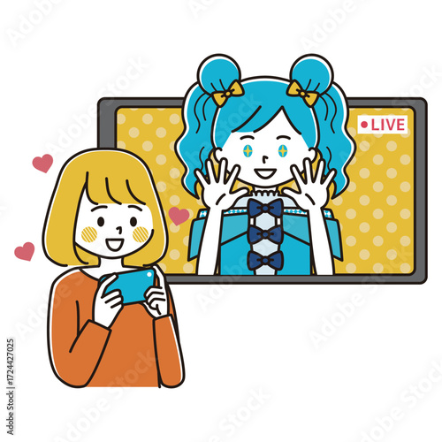 ライブ配信をする女性アイドルを推す女性のイラスト
