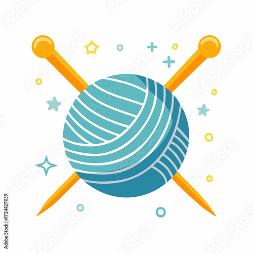 Teal Yarn Ball with Orange Knitting Needles