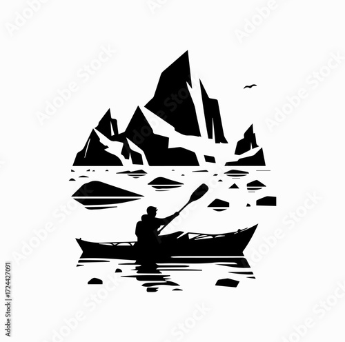 Kayaker with Icebergs Silhouette – Arctic Adventure in Greenland
