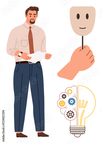 Man in formal attire holding papers alongside symbolic elements a hand holding a smiling mask and gears within a lightbulb. Ideal for creativity, emotion, problem-solving, innovation
