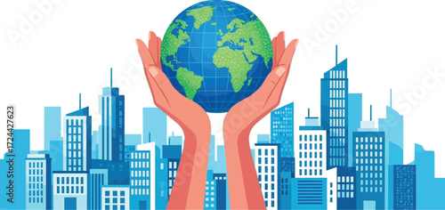 Celebrate World Population Day with hands cradling the Earth above a modern city skyline, promoting awareness and responsible growth strategies.