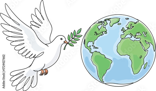 Symbolic white dove carries olive branch to the planet, representing global peace and harmony for a united world.