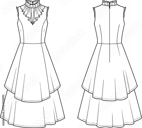 Fashion flat sketch, technical drawing of a sleeveless tiered dress with a high ruffled collar and flared skirt. Vector illustration for apparel and design.