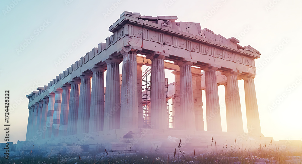 Fototapeta premium Low angle view of the Parthenon, a classical Greek temple on the Acropolis in Athens, Greece, bathed in soft sunlight.