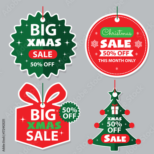Christmas price tags collection. Set of sale tags and labels, template shopping labels. Discount and price tags on paper. Special offer. Vintage. Vector illustration.