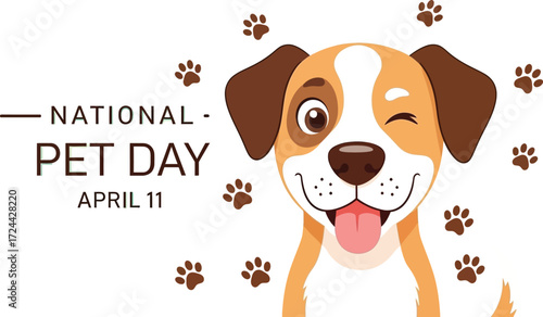 Celebrate National Pet Day with a joyful, winking dog surrounded by adorable paw prints, perfect for promotions and greetings.