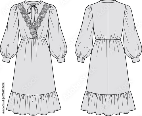 Fashion flat sketch, technical drawing of a women's vintage dress with a ruffled collar, lace detail, and long puff sleeves. Vector illustration for apparel and design.