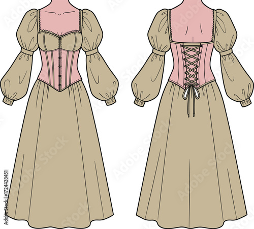 Fashion flat sketch, technical drawing of a women's vintage-style corset dress with puff sleeves and lace-up back. Vector illustration for apparel and design.