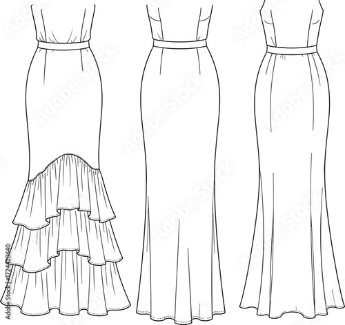 three women's maxi dresses, including a mermaid fit with ruffles and a classic fit, for fashion design projects.