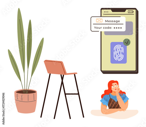 Woman contemplating next to smartphone with fingerprint authentication and code message alert. Tall houseplant and modern chair in cozy setting. Ideal for technology, security, identity, privacy