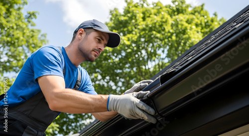 Focused Gutter Worker Installing or Repairing Rain Gutter System on House Roof for Home Drainage Efficiency.