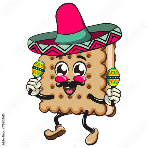 cute square biscuit sandwich mascot character vector illustration have mustache and wears a sombrero and plays with maracas, work of hand drawn