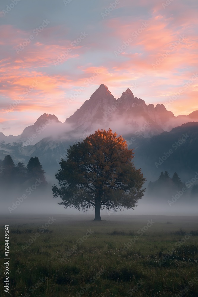 Fototapeta premium Majestic alpine landscape with solitary tree in misty green meadow against backdrop of snow capped mountains at colorful sunrise sky, serene natural scenery wallpaper backdrop background
