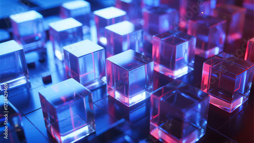 Transparent cubic structures illuminated with blue and pink light, arranged in a grid pattern on a reflective surface