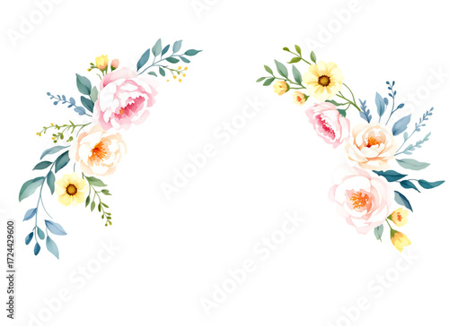 Soft Pastel Watercolor Floral Corner Elements with Peonies and Yellow Flowers - Isolated on transparent background