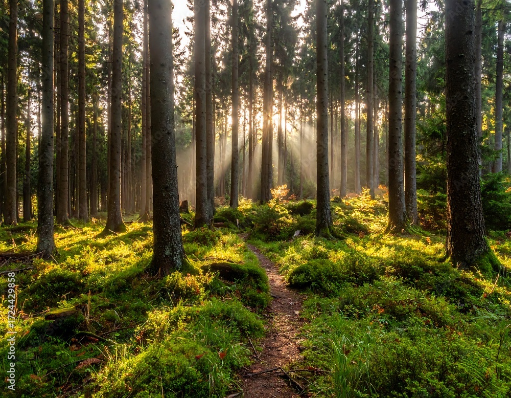 Obraz premium Sunlight streams through a tranquil forest
