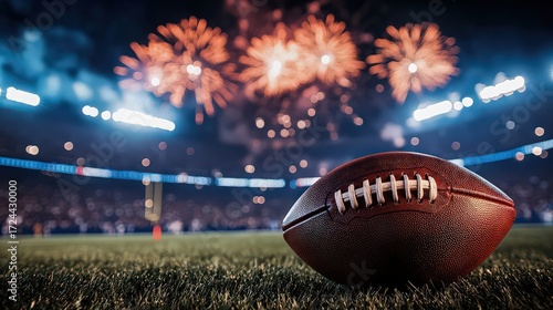 An american football on the field with fireworks exploding in the background during a night game in a stadium filled with fans celebrating a victory