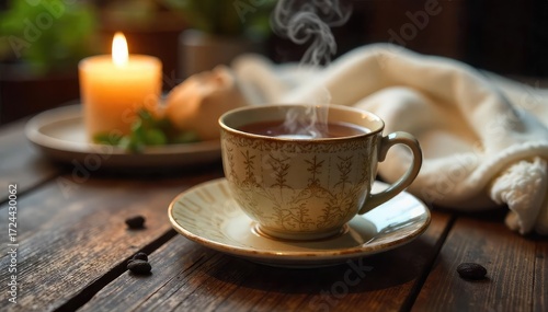 A steaming mug of herbal tea sits on a rustic wooden table next to a lit candle and a soft, fluffy blanket, creating a serene and calming atmosphere perfect for relaxation , comfort drink, bedtime