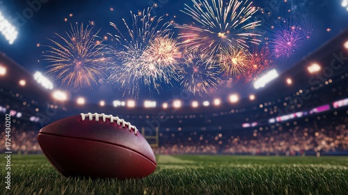 An american football on the field with fireworks exploding in the background during a night game in a stadium filled with fans celebrating a victory