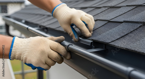 Wallpaper Mural Gutter Worker Installing New Rain Gutter Guard on a Modern House Roof for Home Protection and Maintenance Torontodigital.ca