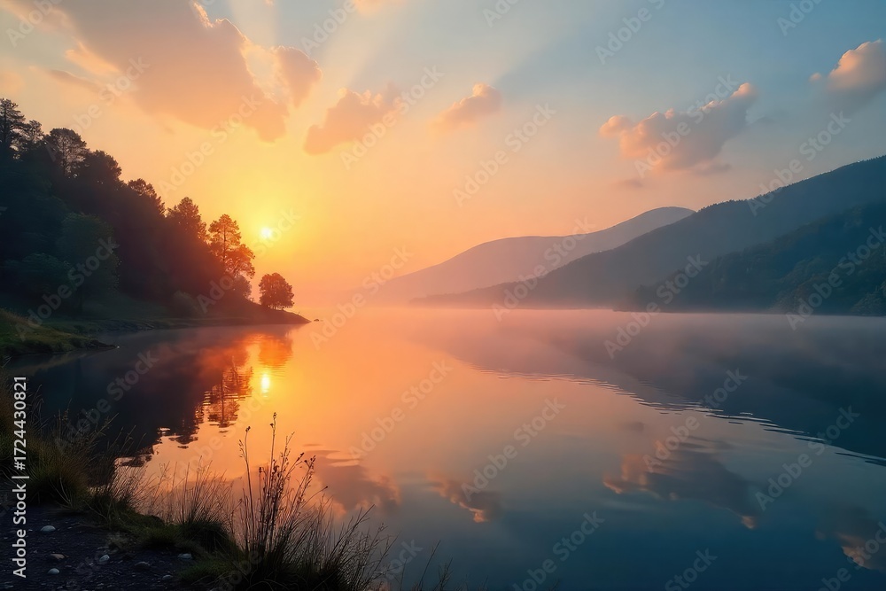 custom made wallpaper toronto digitalA tranquil sunrise over a serene, misty lake, the sun's rays gently illuminating the water and distant hills Perfect for nature, travel, and peaceful themes , reflection, nature