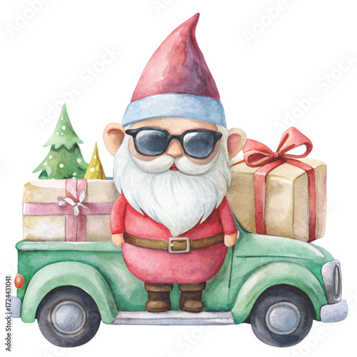 Cute gnome with black sunglasses, sitting on the back of a vintage pickup truck clipart watercolor white background