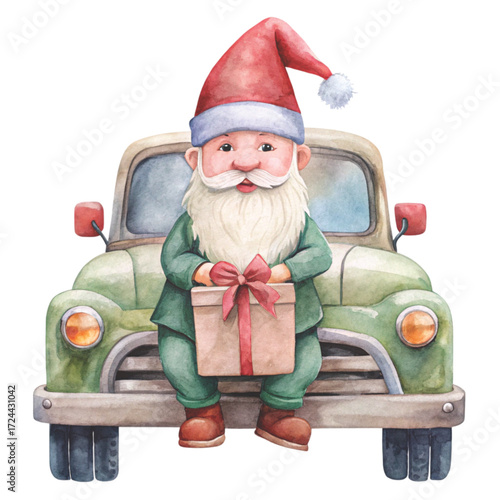 Cute gnome with black sunglasses, sitting on the back of a vintage pickup truck clipart watercolor white background