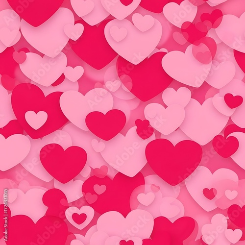 A vibrant design featuring a multitude of overlapping hearts in shades of pink and red, creating a captivating and romantic visual pattern.