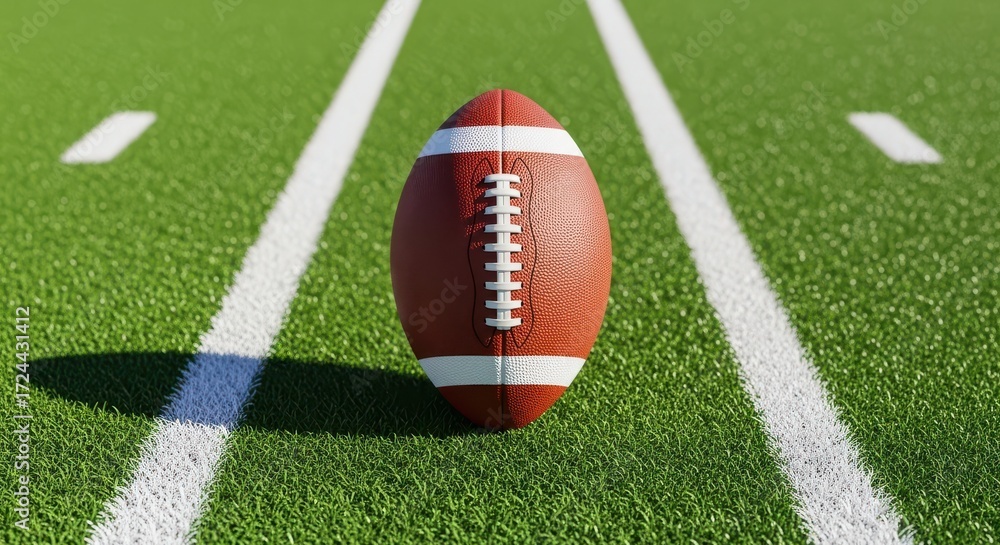Obraz premium American football on a green field with white yard lines