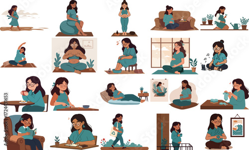 "Pregnant woman vector set with mindfulness, yoga, self-care, healthy lifestyle, and daily activities in cute cartoon illustration style."