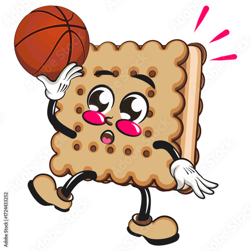 cute square biscuit sandwich mascot character vector illustration playing basketball, work of hand drawn